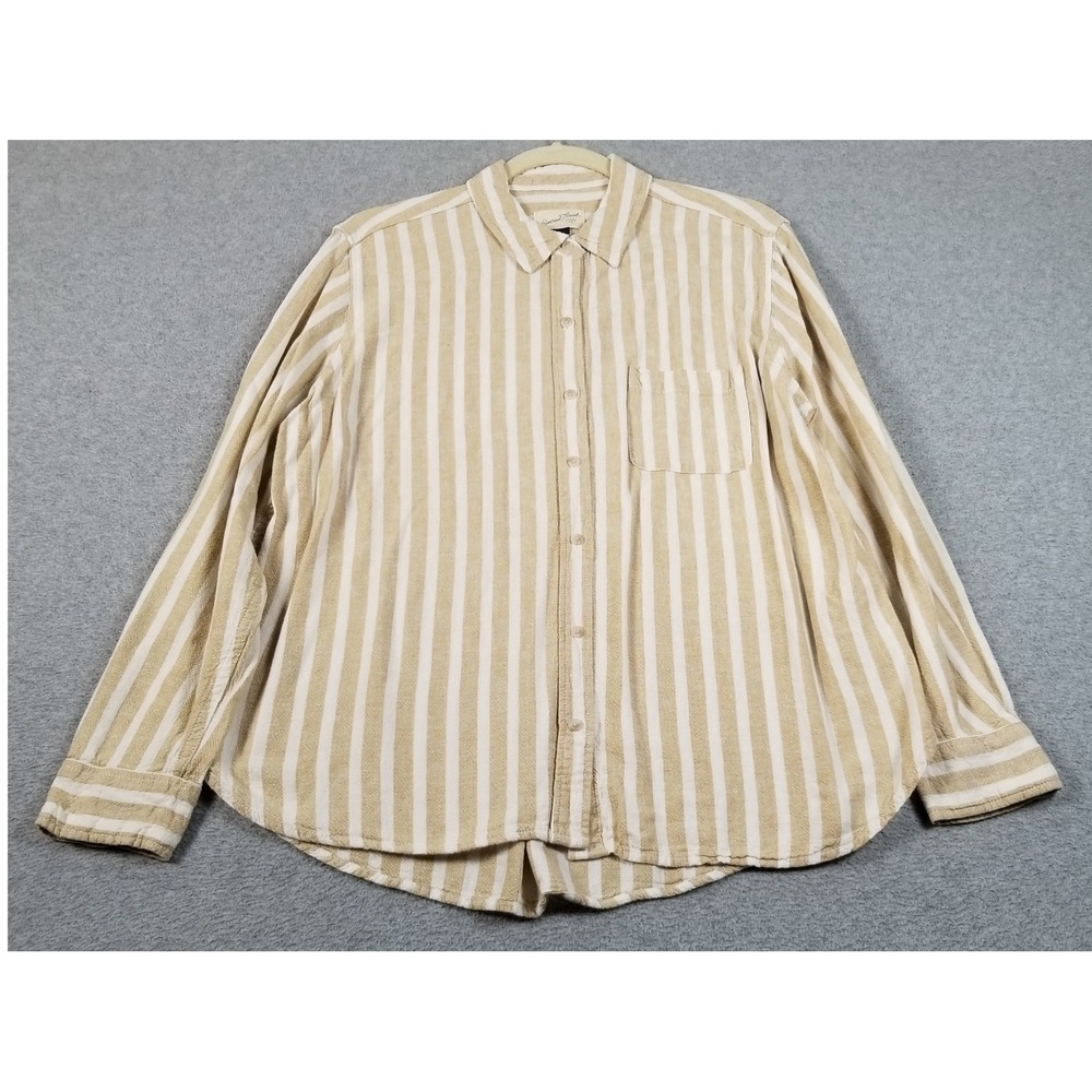 Universal Thread Button Down Shirt Womens L Large Tan White Striped Long Sleeves